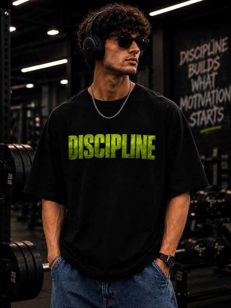 The Stanch Black Men T Shirt with DESIPLINE Print – Premium Oversized Fitness Streetwear